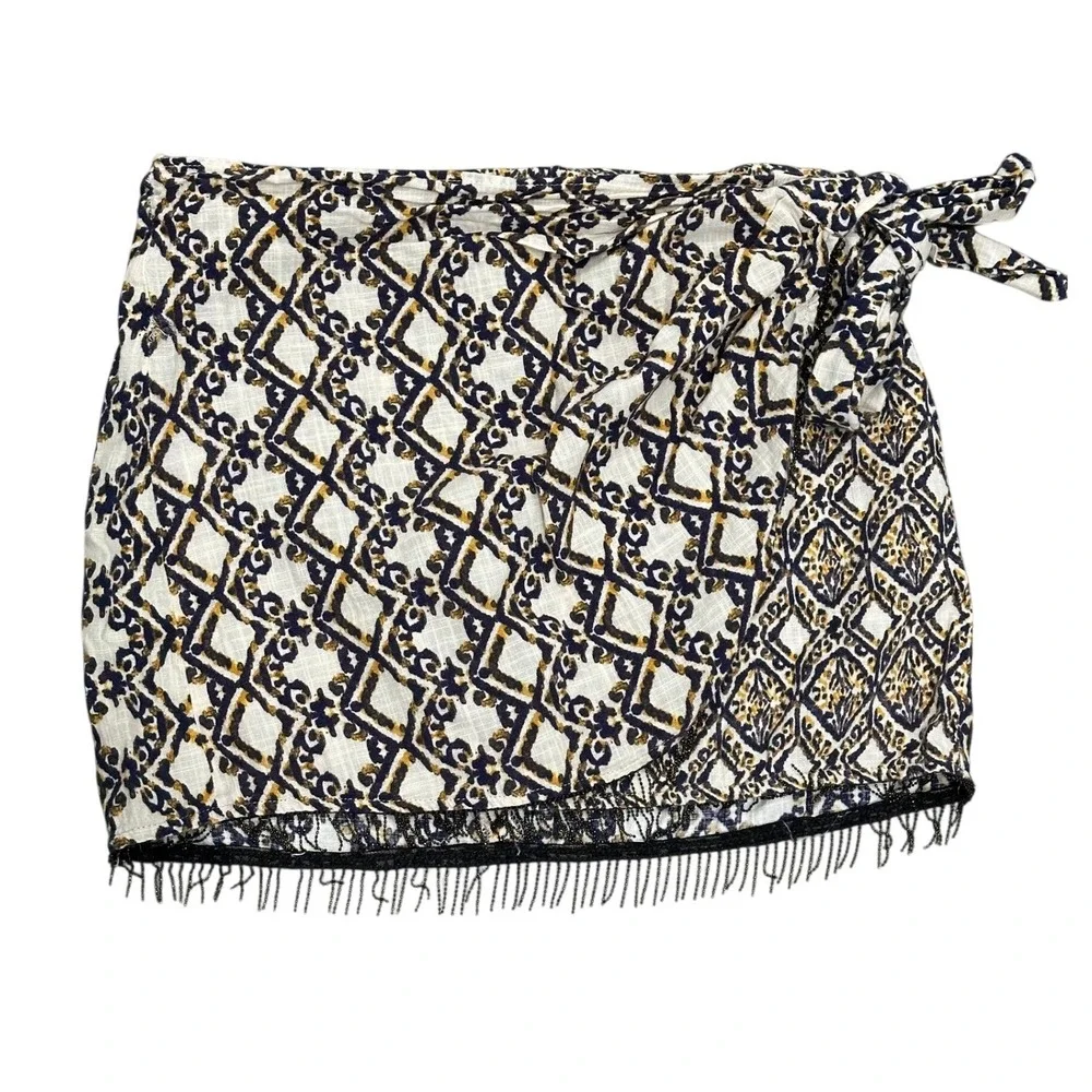 Zara Skirt Womens L Cotton Wrap Mini Beaded Fringe Bohemian Ethic Resort Artisan